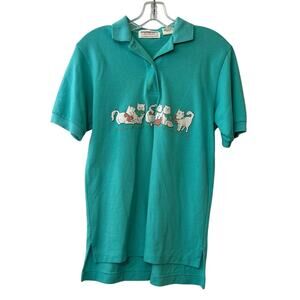 Vintage Oshman's Sportwear White Cats Kitten Bows Shirt Top Polo Size Small